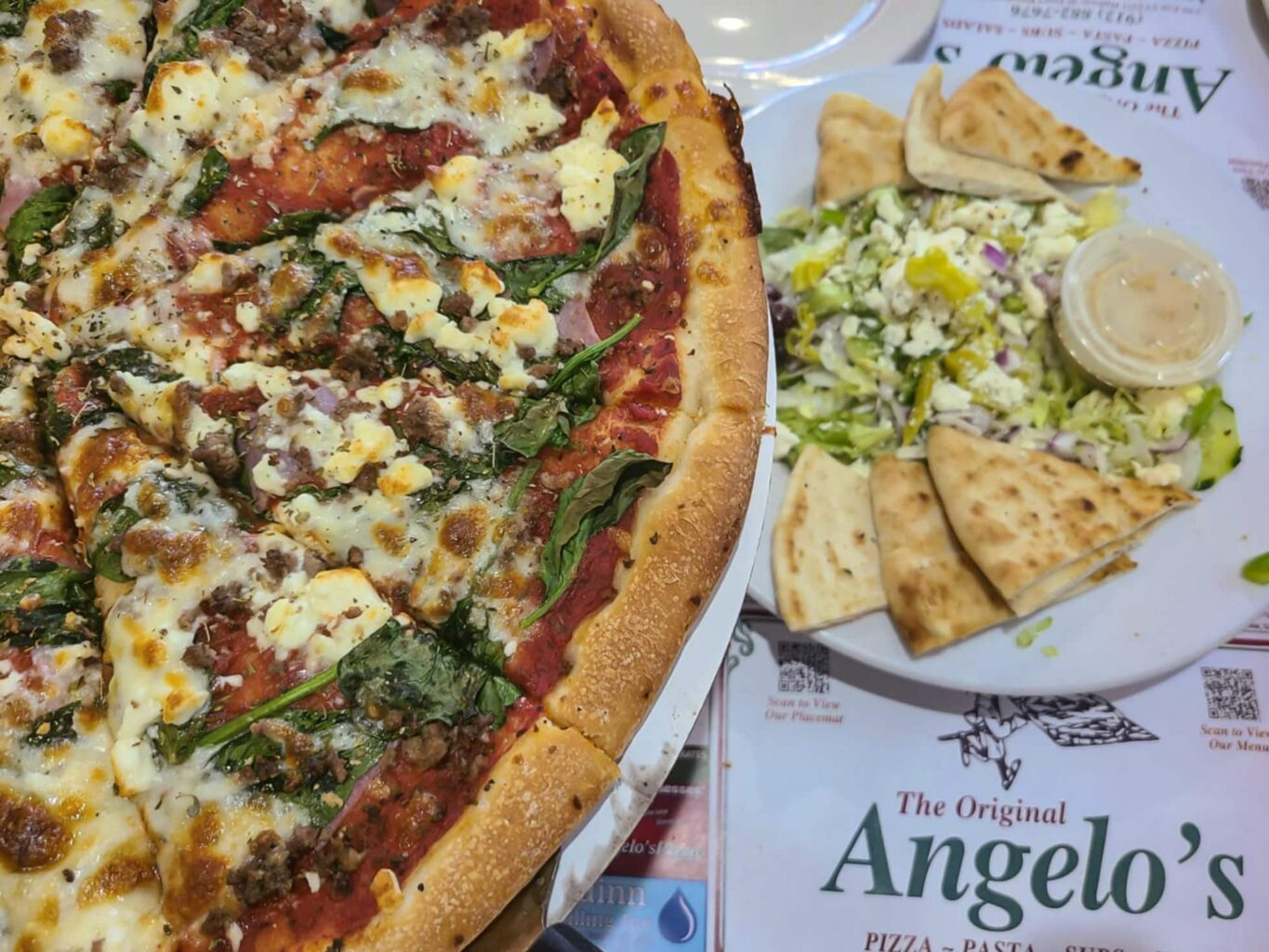Angelos-Pesto-Pizza-Greek Salad-italian-food-kingsland-georgia-places-to-eat-locally-owned-authentic-italian