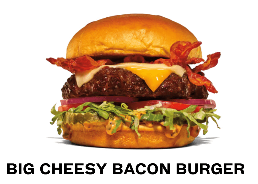 Arby's Big Cheesy Bacon Burger with name of sandwich in block letters beneath