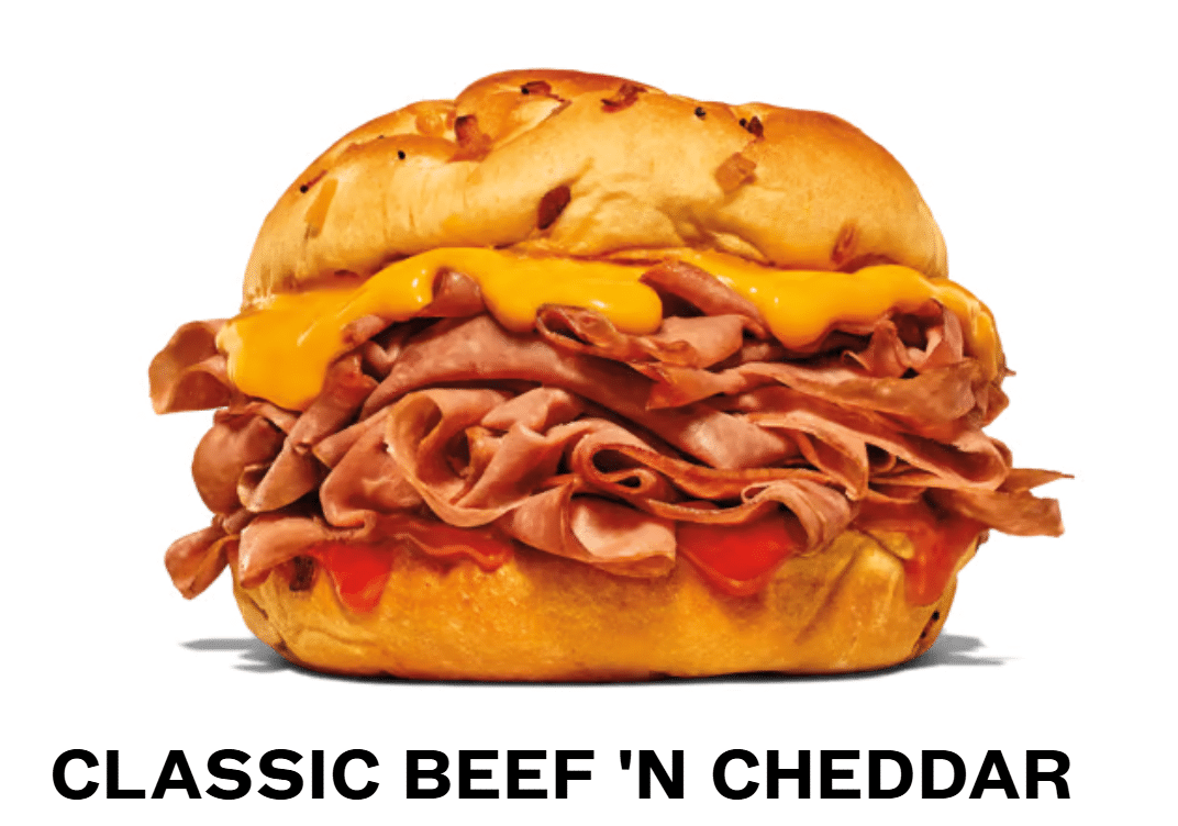 Arby's Classic Roast Beef and Cheddar sandwich with name in black block letters underneath
