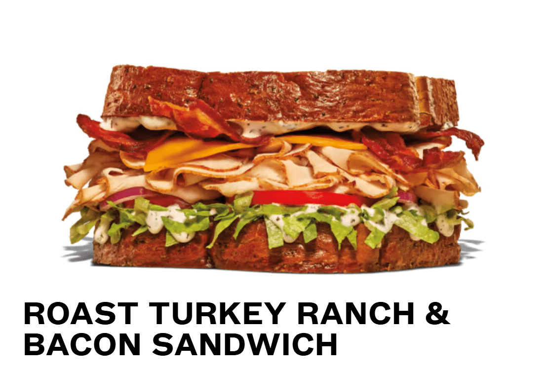 Arby's Roast Turkey Ranch & Bacon Sandwich with name beneath in black block letters