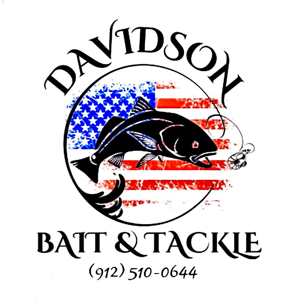 Davidson Bait & Tackle Logo of black fish silhouette in a circle over a rough graphic of the USA flag
