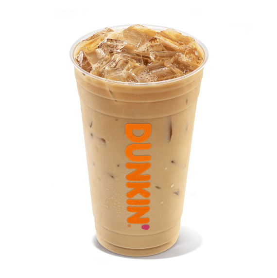 Iced coffee in a clear plastic Dunkin' branded to-go cup