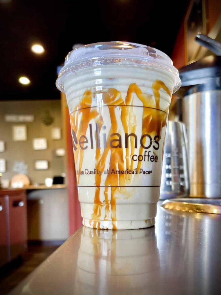 Ellianos Iced Caramel Latte in a clear Ellianos branded cup