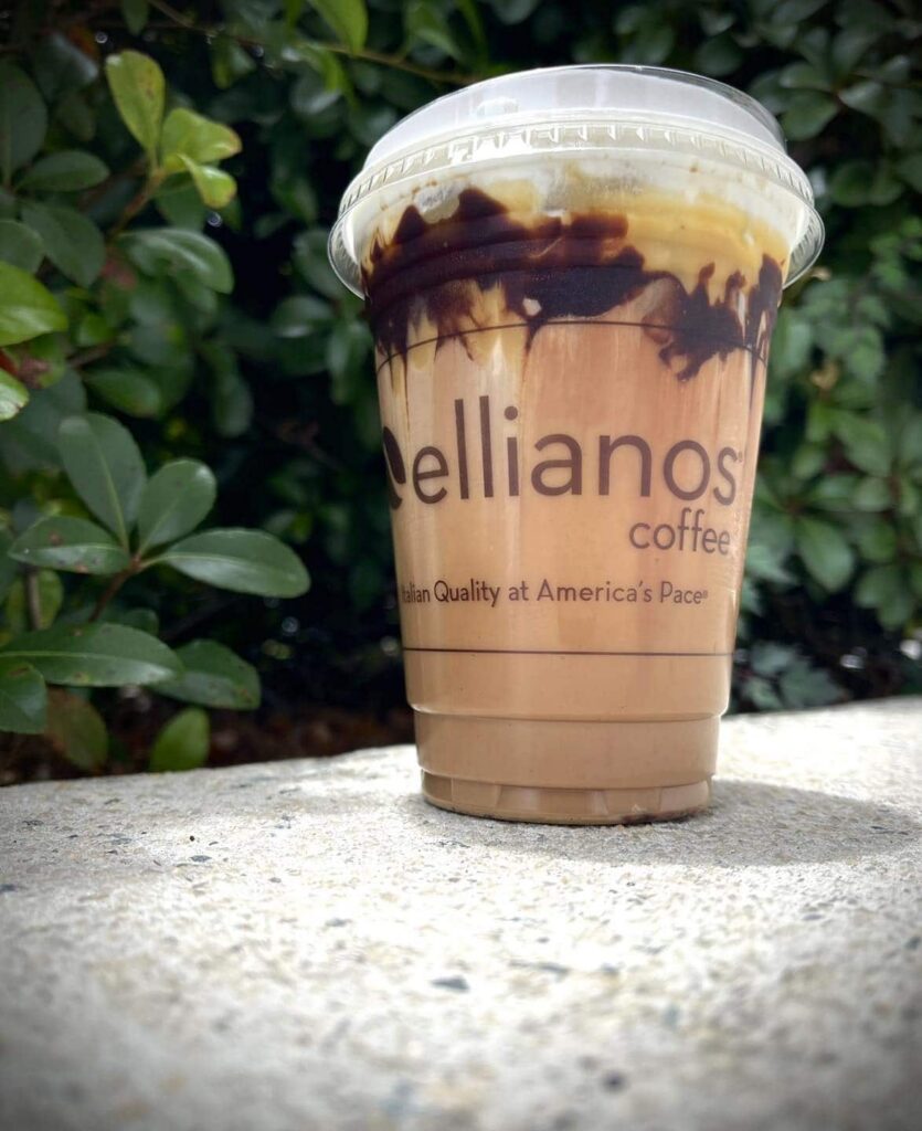 Ellianos iced mocha latte in a clear Ellianos branded cup
