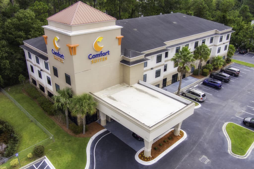 Comfort Suites Aerial photo from southwest with portico entrance bottom center