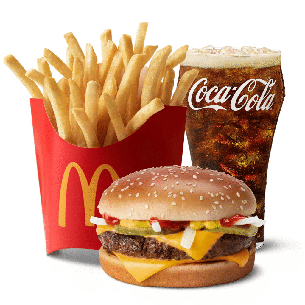 McDonald's Quarter Pounder Meal with box of fries and a Coca-cola with ice in a branded glass