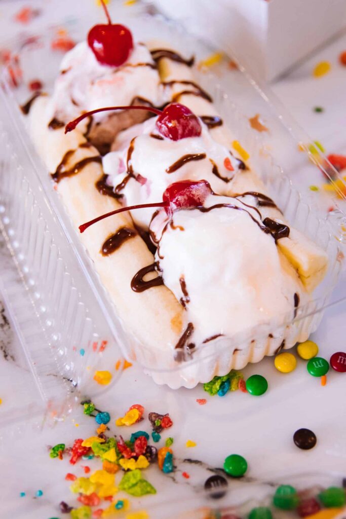 Banana Split in a clear plastic container from Ritter's Frozen Custard