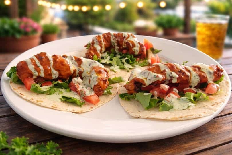 Three soft buffalo chicken tacos on a plate