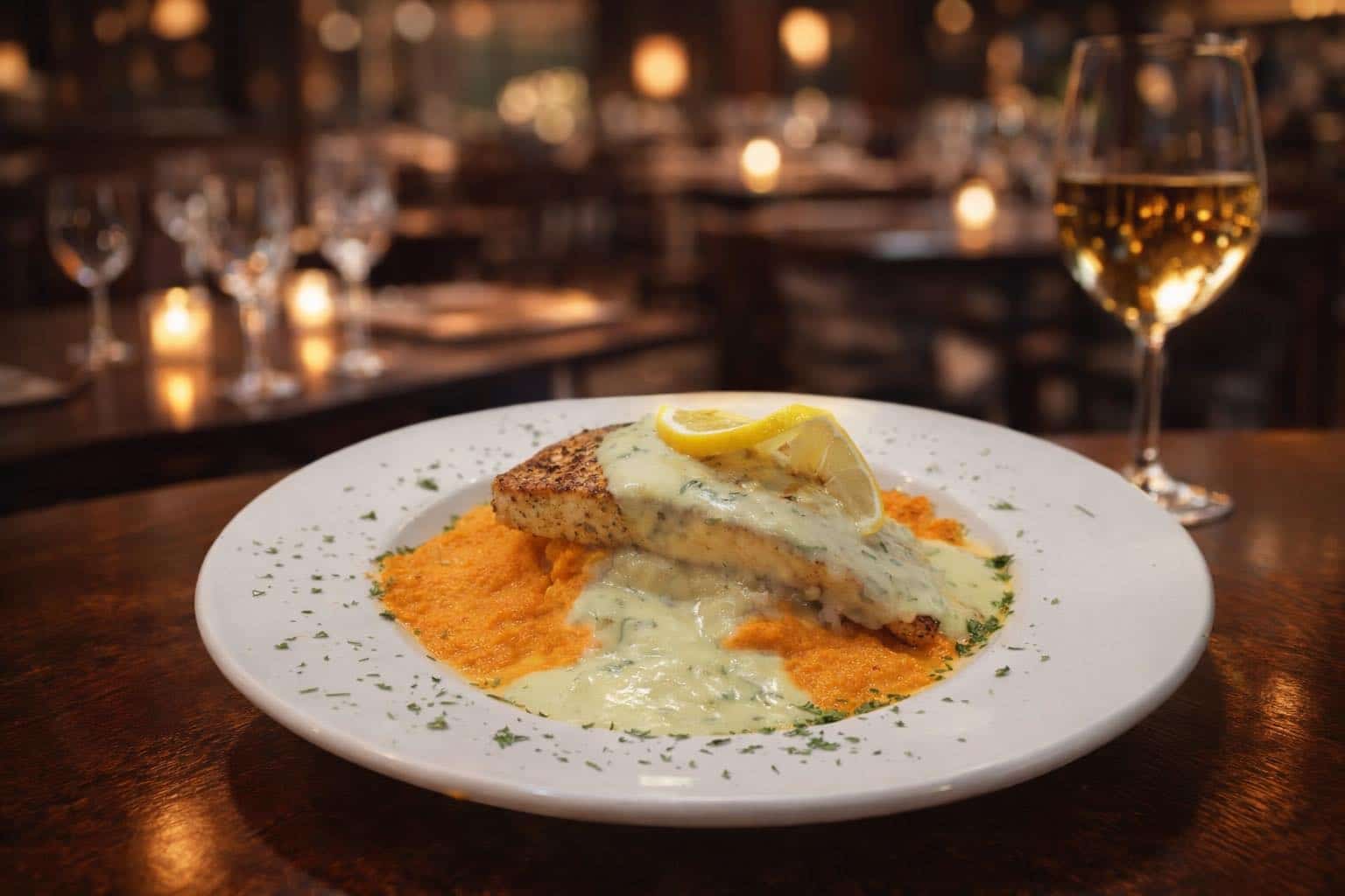 Salmon with mashed potatoes over carrot puree topped with Hollandaise sauce