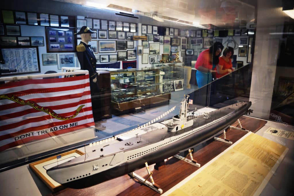 model submarine on display with flag