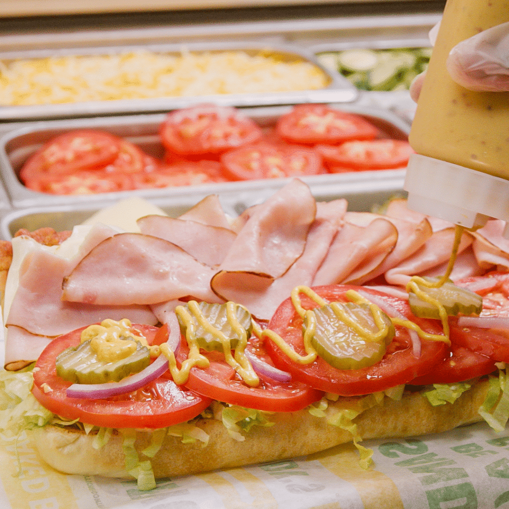 Open Subway sandwich with ham slices on one side and lettuce, tomato slice, pickles, all on a white roll at Subway