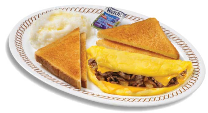 Cheesesteak omelet grits and toast from Waffle House