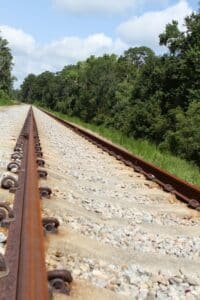 Railroad Tracks running along a treeline