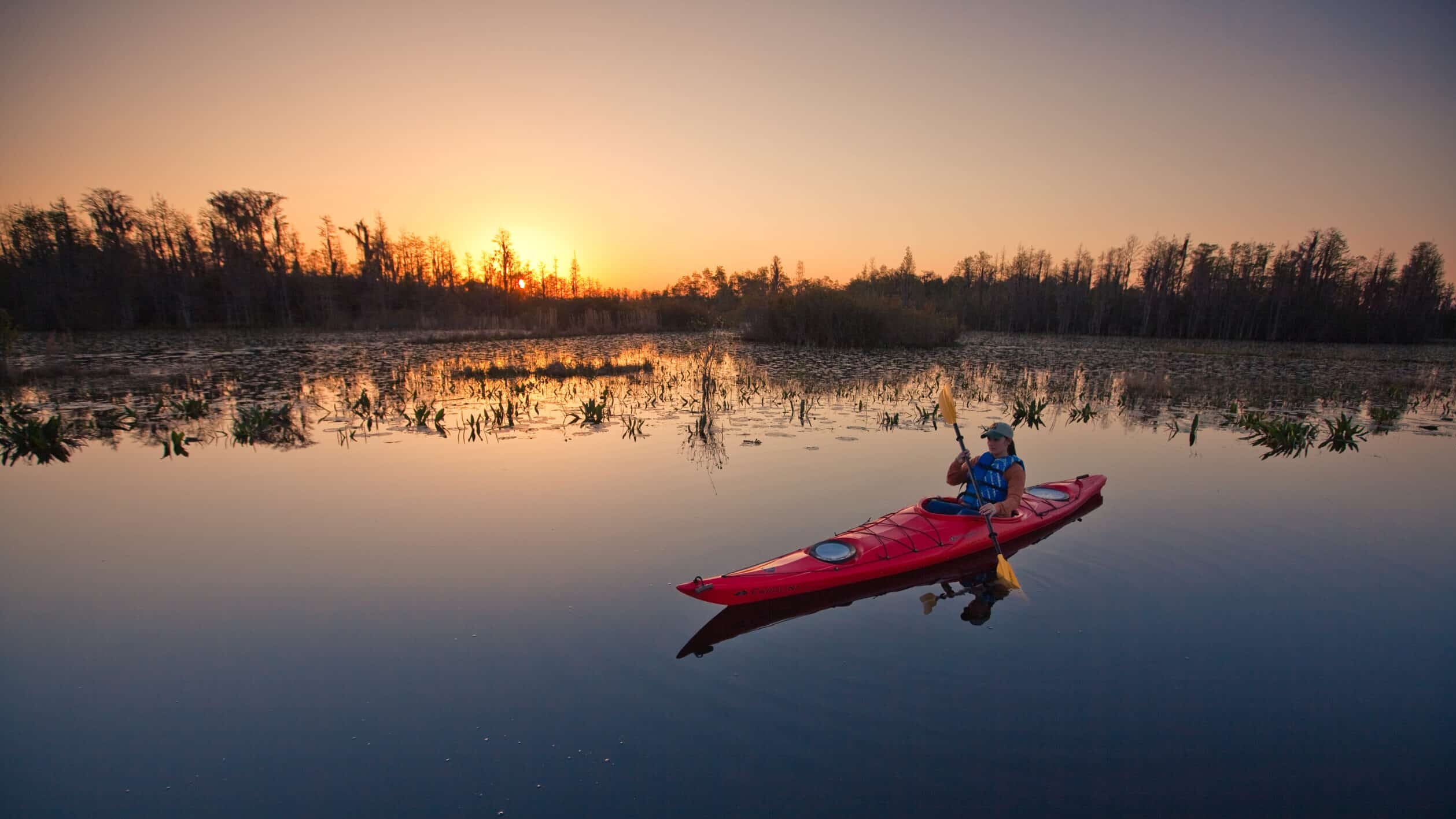 paddler in a bright red kayak at sunrise on the Okefenokee swamp; the water looks like glass.