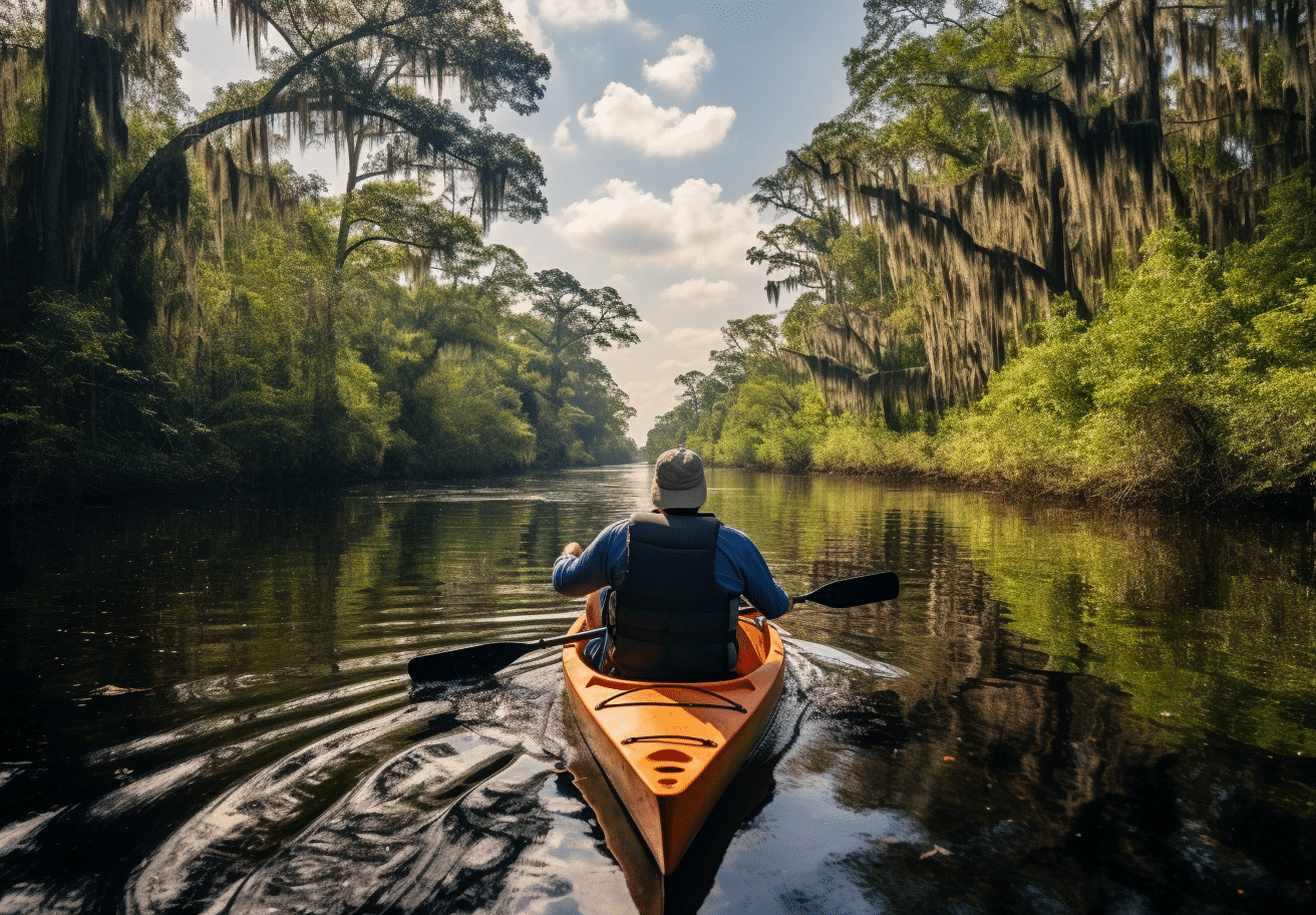 A man paddling down a river in an orange kayak in Coastal Georgia