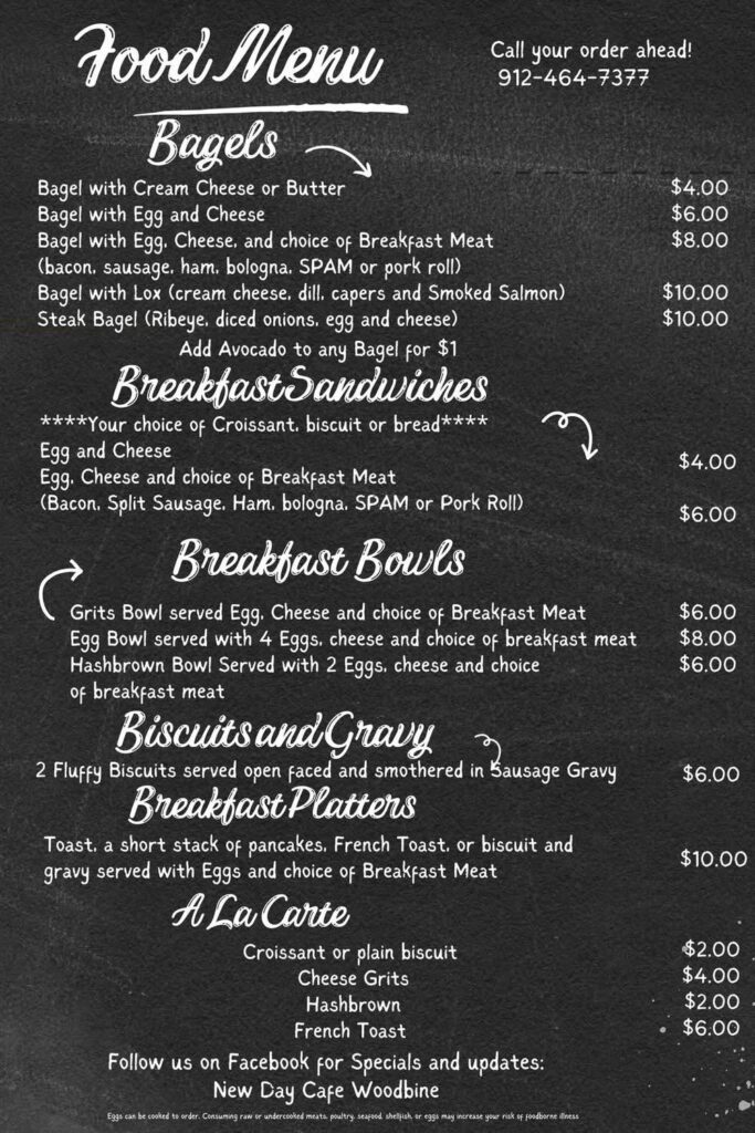 Chalkboard breakfast menu from New Day Cafe February 2026