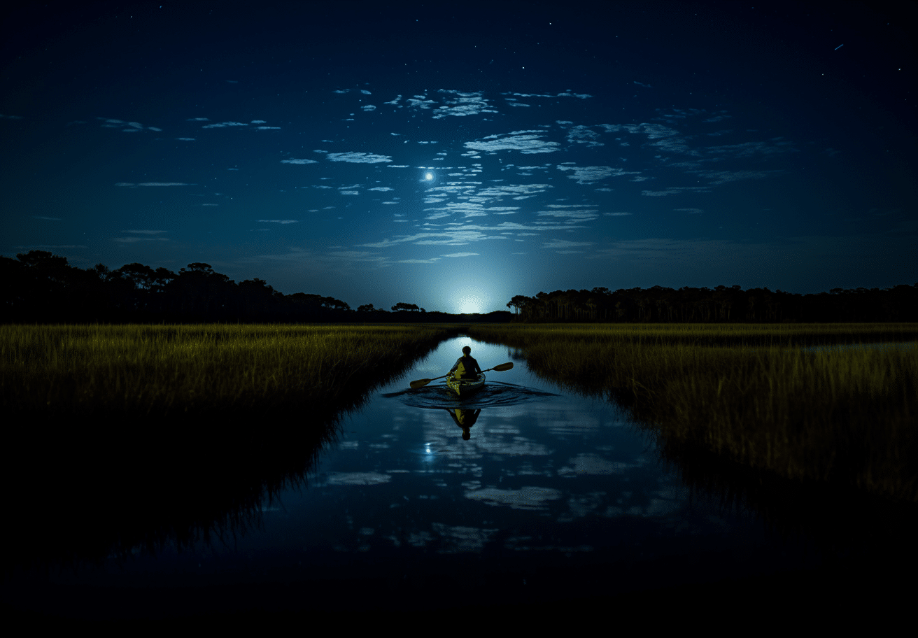 Kayaker paddling down a river in the moonlight with marshland on either side and the moon rising over the horizon