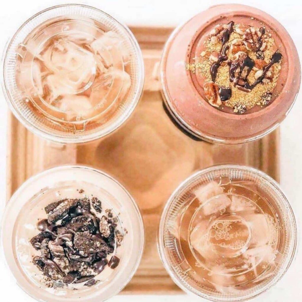 Four drinks from 2 sweet Nutrition shop viewed from above