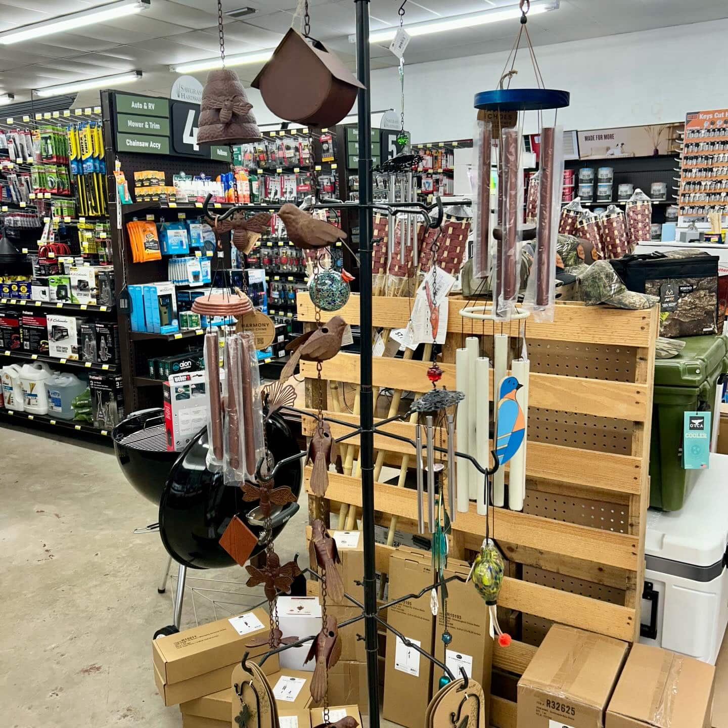 Windchime display in a hardware store