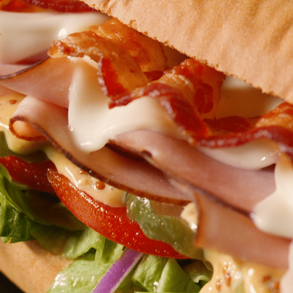 close up of turkey and bacon sandwich with lettuce, tomato, pickles, red onion and mayonnaise on white roll