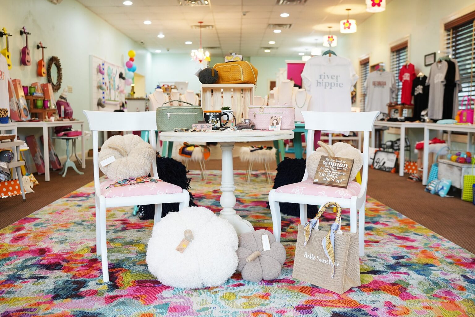 Hello Mary store interior with lots of white, pink and bright floral colors