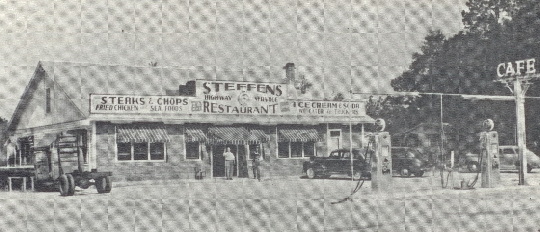 Black and white photo of Steffens Restaurant c. 1951