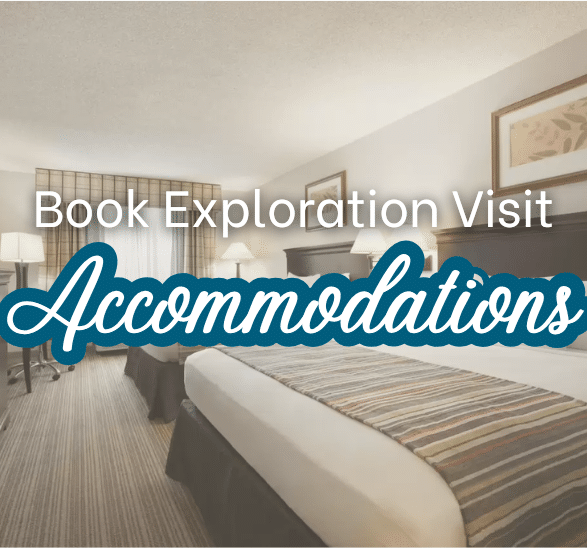 Image of hotel room beds behind the text "Book Exploration Visit Accommodations"