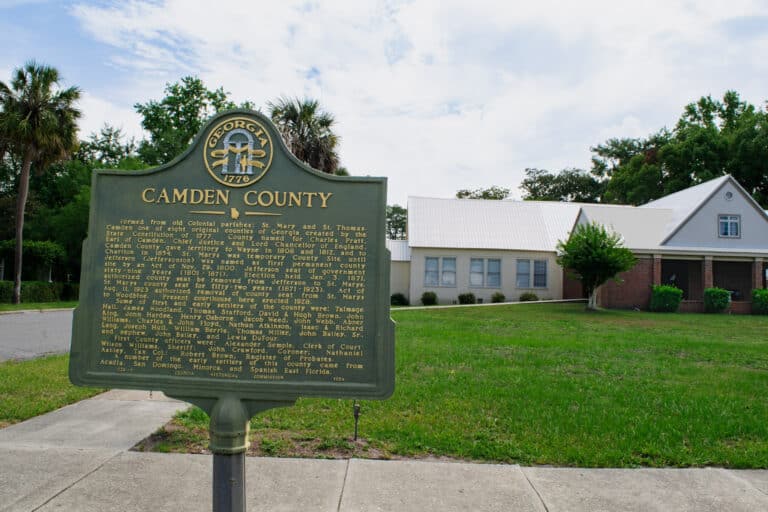 Historical Marker sign highlighting the establishment of Camden County Georgia