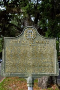 Historical Marker sign highlighting the City of St. Marys in Camden County Georgia