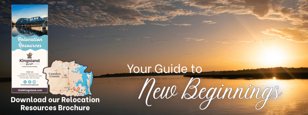 Image of birds flying across a marsh at sunrise behind a graphic of the Kingsland Georgia Relocation Resources brochure front and the text "Your Guide to New Beginnings, Download our Relocation Resources Brochure"