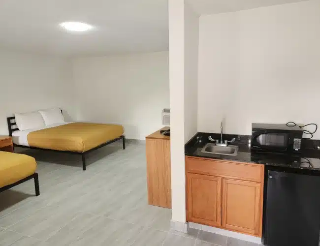 View of simple motel room at Economy Inn Kingsland with view of kitchenette with bar-sized sink, microwave, and minifridge in foreground and queen-sized bed on simple black metal frame in the background