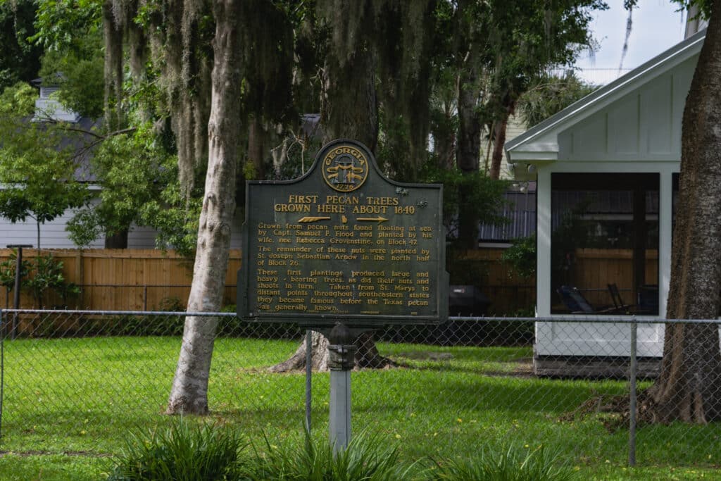 Historical-Marker-sign-highlighting-the first-growth-of-pecan-trees-in-Camden County Georgia