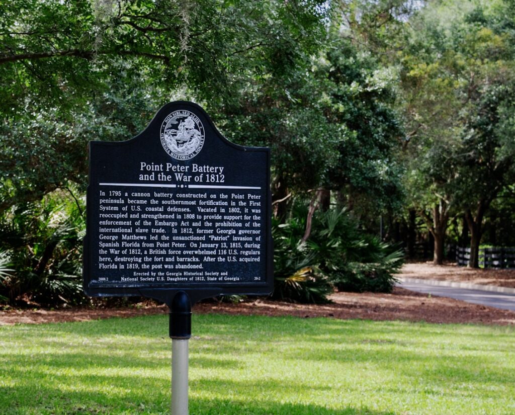Historical-Marker-sign-highlighting-the history-of-Point-Peter-Battery-and-the War-of -812-in-Camden-County-Georgia