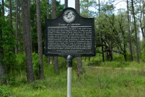 Historical Marker sign highlighting the Treaty of Coleraine in Camden County Georgia