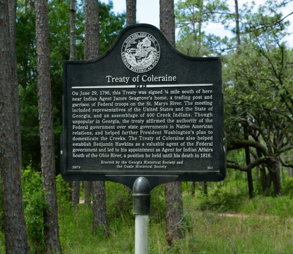 Historical-Marker-sign-highlighting-the-Treaty-of-Coleraine-in-Camden-County Georgia