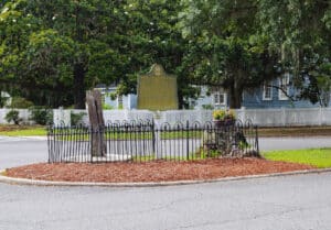 Historical Marker sign highlighting the Washington Pump & Oak tree in Camden County Georgia