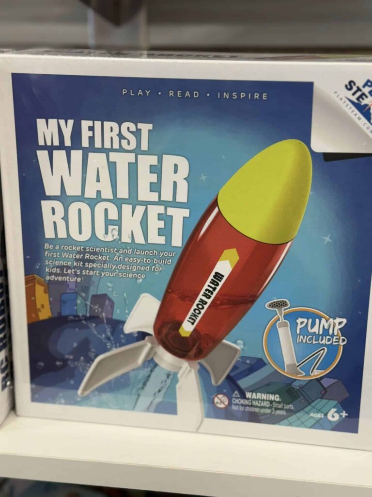 boxed water rocket toy in a box on display