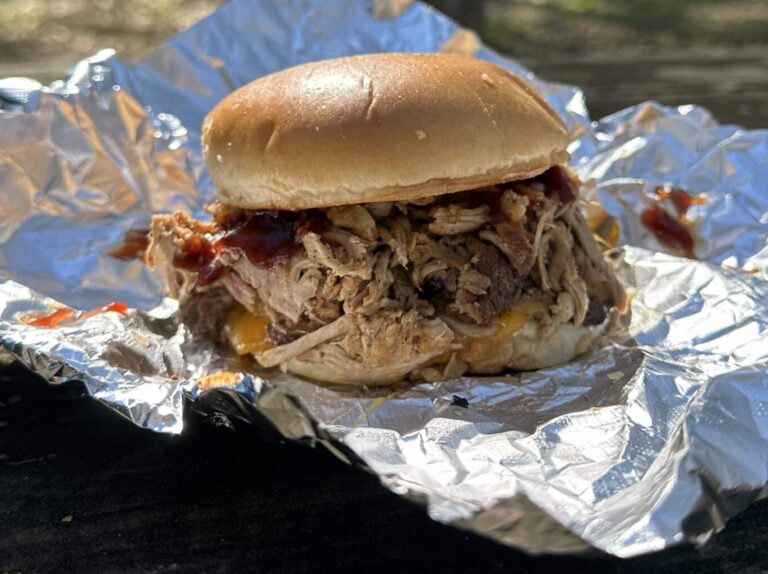 BBQ Sandwich on a Brioche roll set on sandwich wrap paper, set on a wooden picnic table outdoors on a sunny date (sandwich from New Day Cafe)