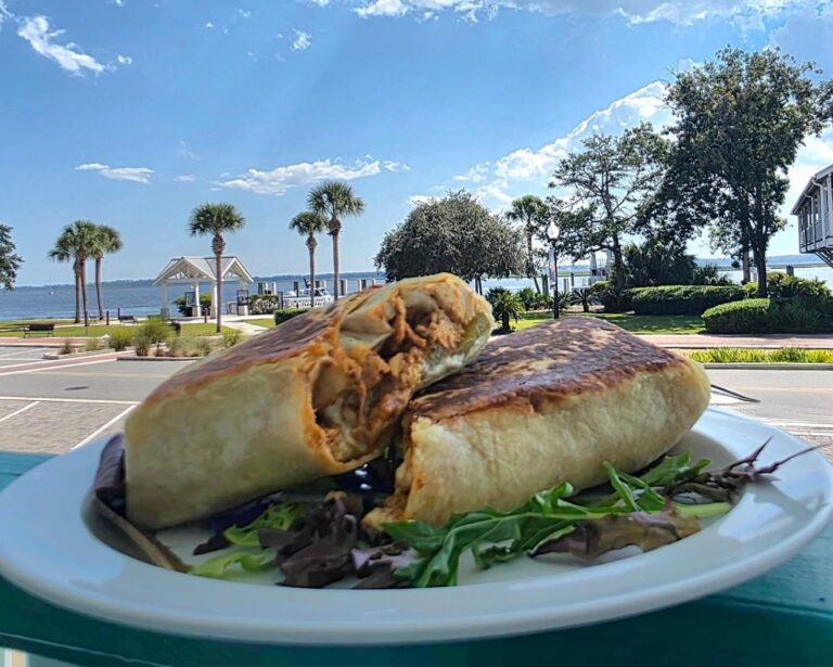 Shawarma on a plate with a view of St. Marys Waterfront. Palm trees, blue sky and clouds in the background