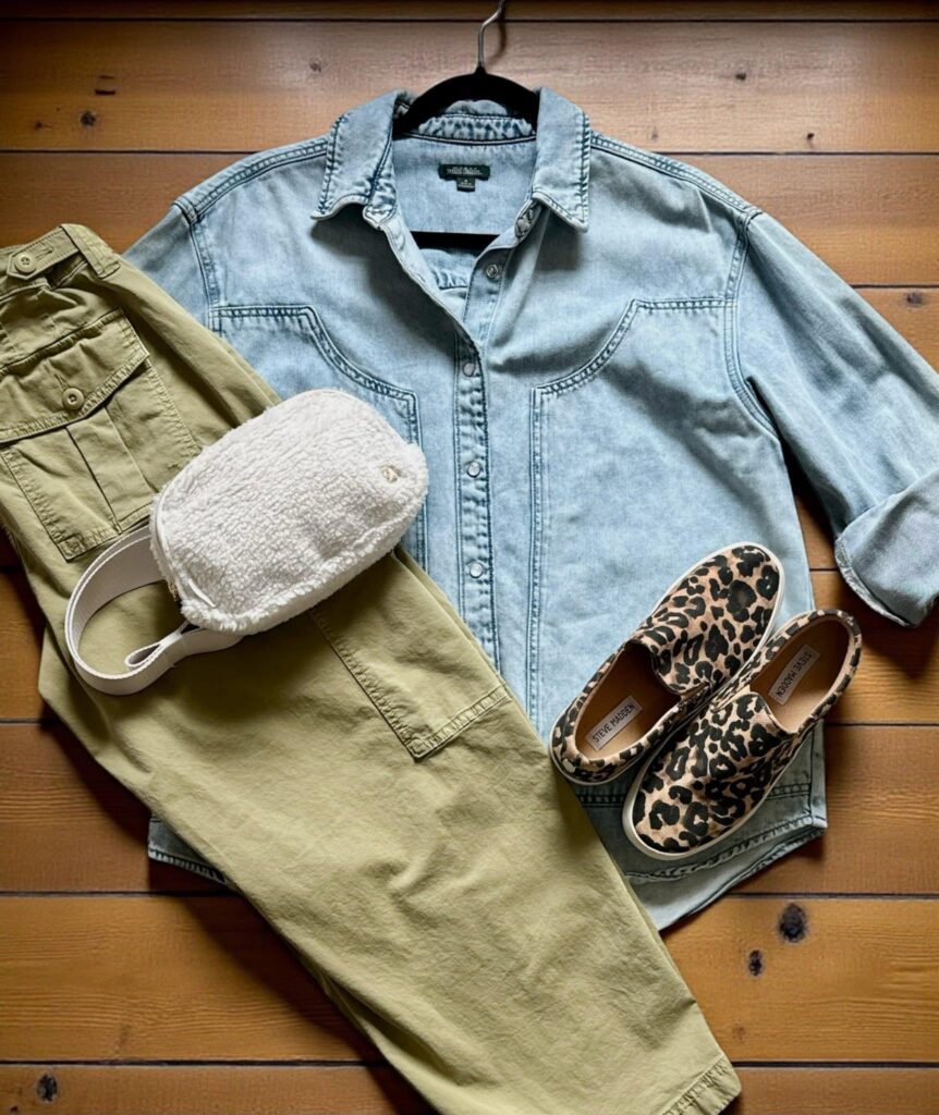 Sample consignment outfit with chambray shirt, khaki pants, fuzzy fanny pack, leopard print Steve Madden canvas shoes