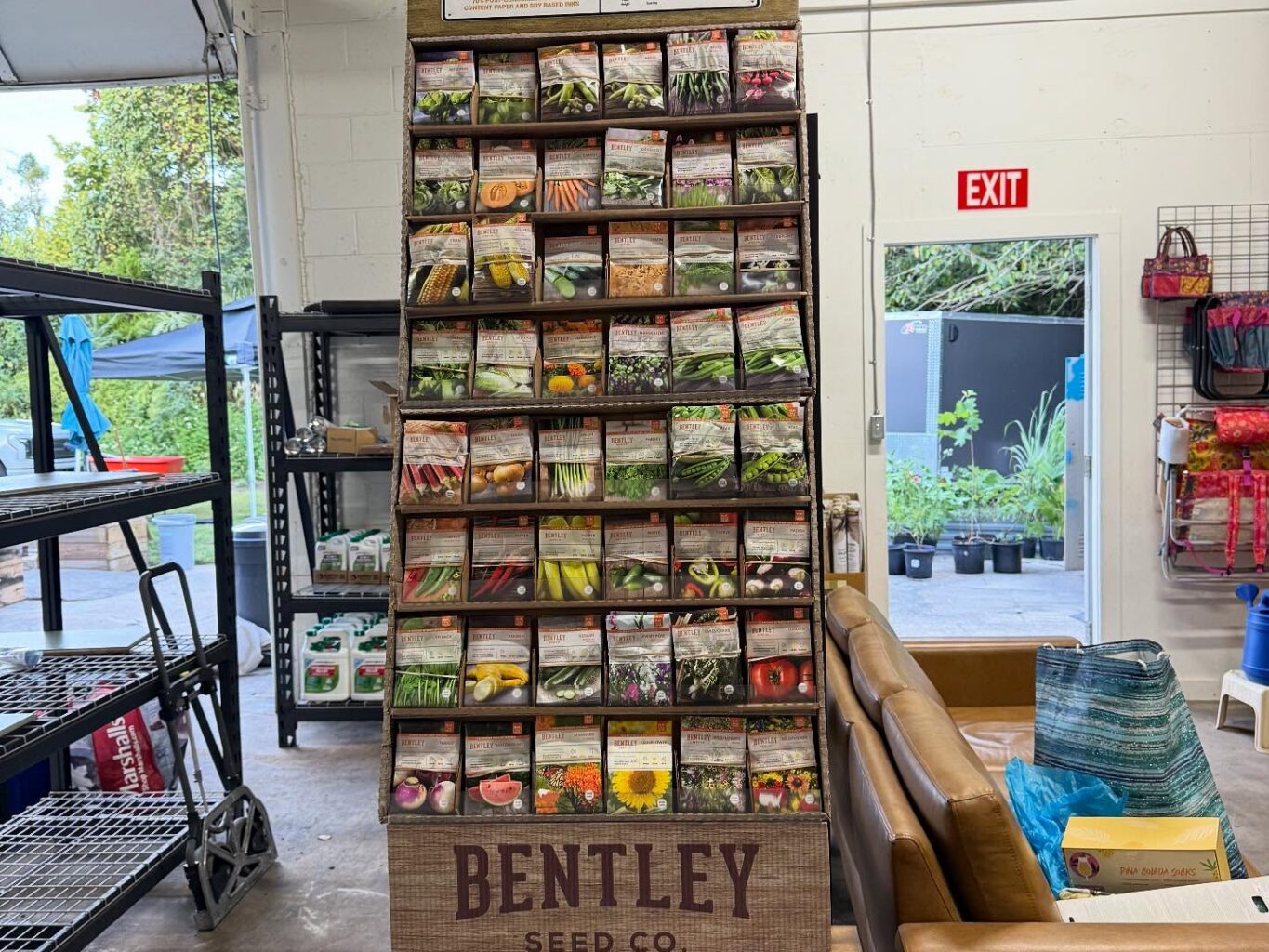Bentley Seed merchandising display of 48 kinds of seed packers