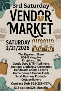Flyer for 3rd Saturday Vendor Market at the Espresso Base