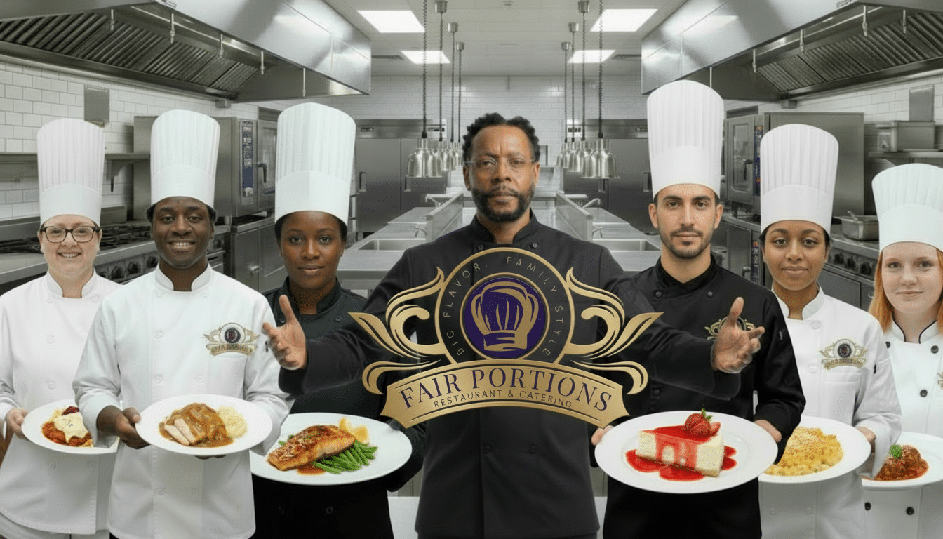 Image of seven chefs or cooks wearing toques and holding plated meals; the Fair Portions's black and gold logo is in the center. source Facebook