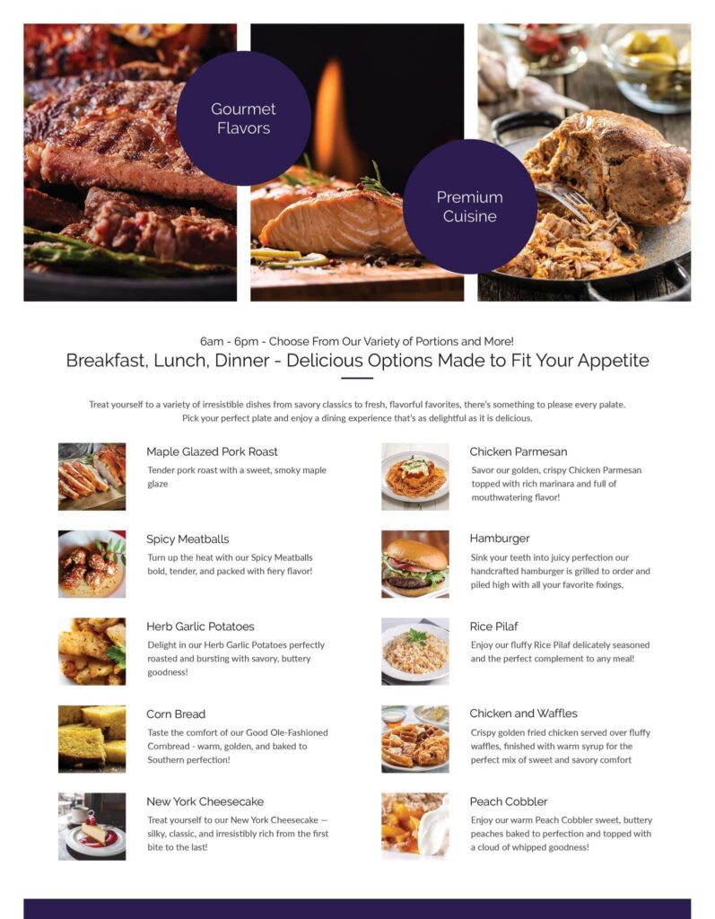 Fair Portions menu with 8 options for meals and 2 desserts