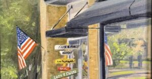 Painting of the exterior of Farm To Family Market with US Flag hanging from the building