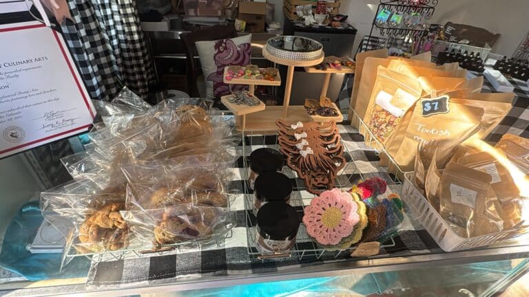 Mad Hatter Tea and Sweets Display of Baked Goods and Granny squares