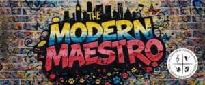 Modern Mastro spraypainted on a brick wall with Saltwater Performing Arts Logo in bottom right rorner