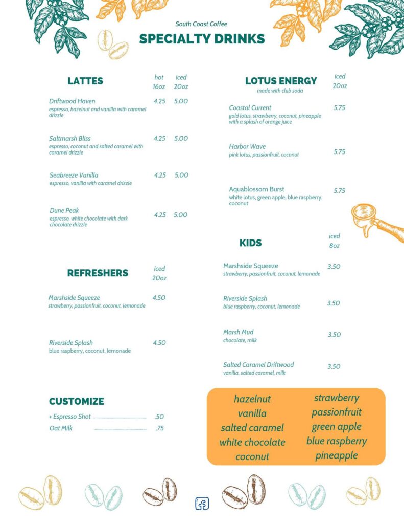 South Coast Coffee Menu from January 2026