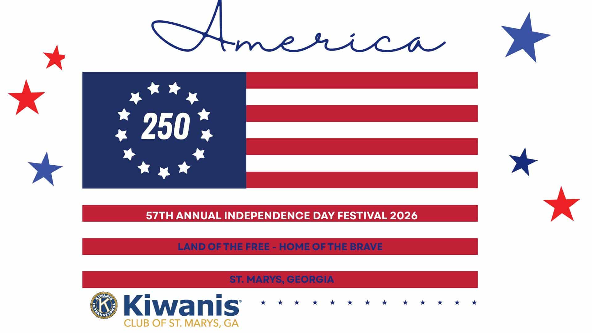 Red, white, and blue graphic like the US Flag marking 250 birthday of the US