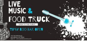 Flyer for Live Music and Food Truck night at Walkabout Camp March 14, 2026